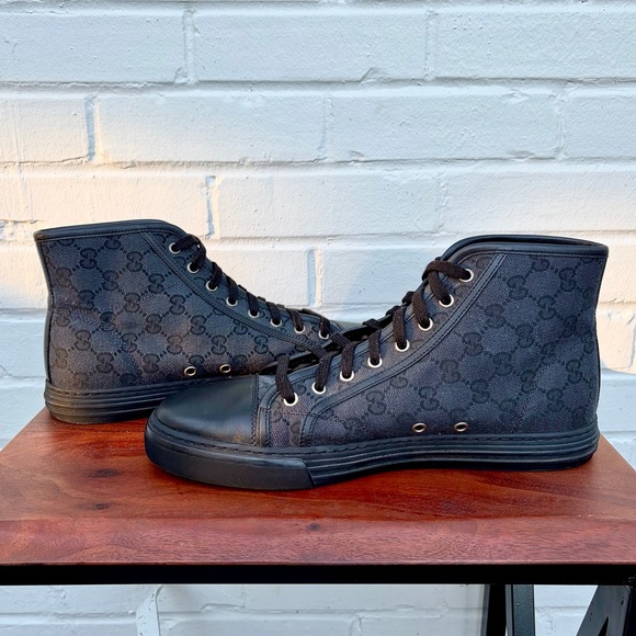 Gucci *AUTHENTICATED* GG High ‘Logo Print’ Black Canvas Sneakers, Men’s SZ 9 - Picture 6 of 16